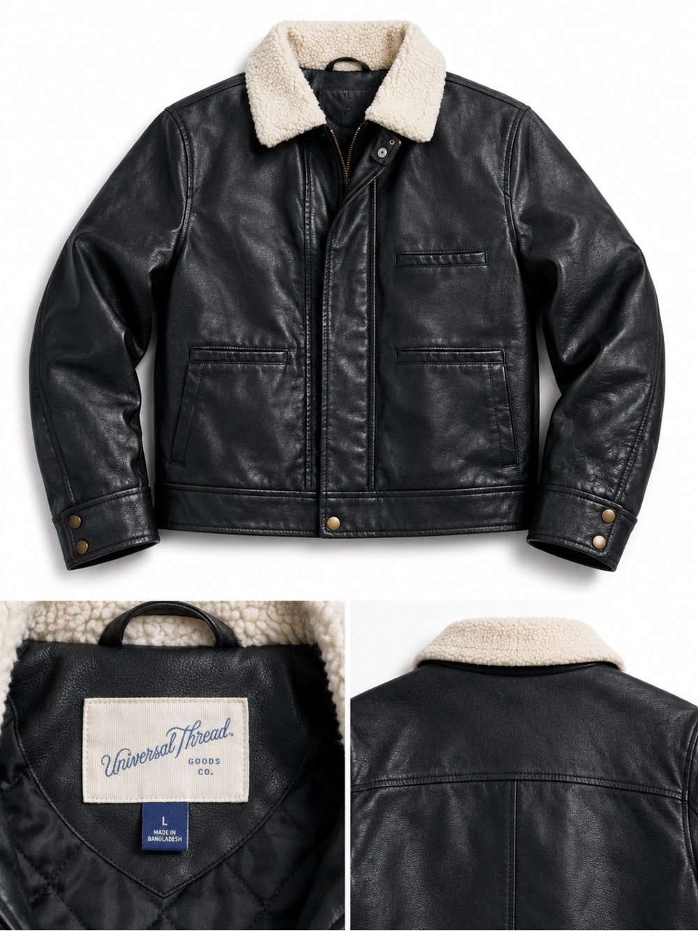 Universal Thread Black Faux Leather Jacket with Cream Sherpa Collar
